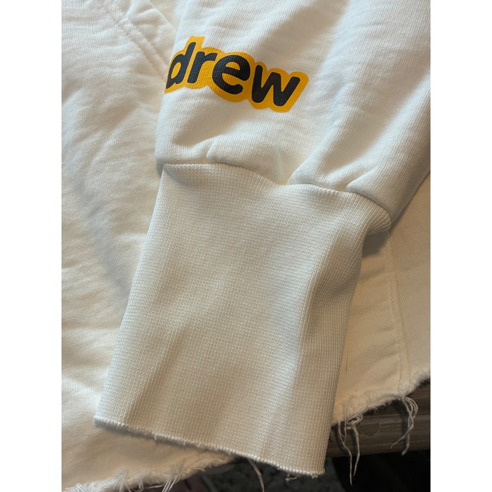 Drew House Mascot Deconstructed Hoodie White Yellow Smiley Face Logo frayed M - Picture 4 of 9